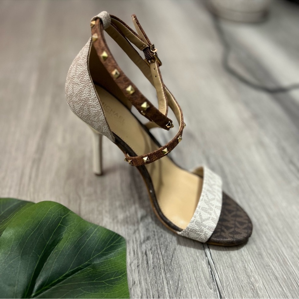 Michael Kors Brown and Beige Studded Ankle-Strap Sandals